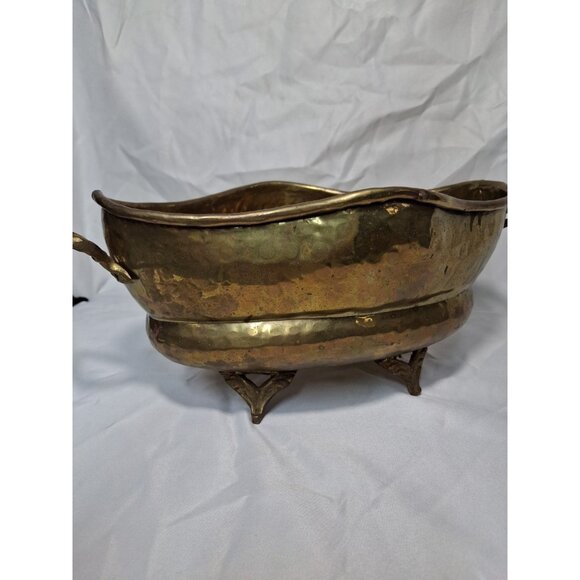 Hosley International Solid Brass Hammered Design Oblong With Handles Planter Pot - Picture 4 of 11